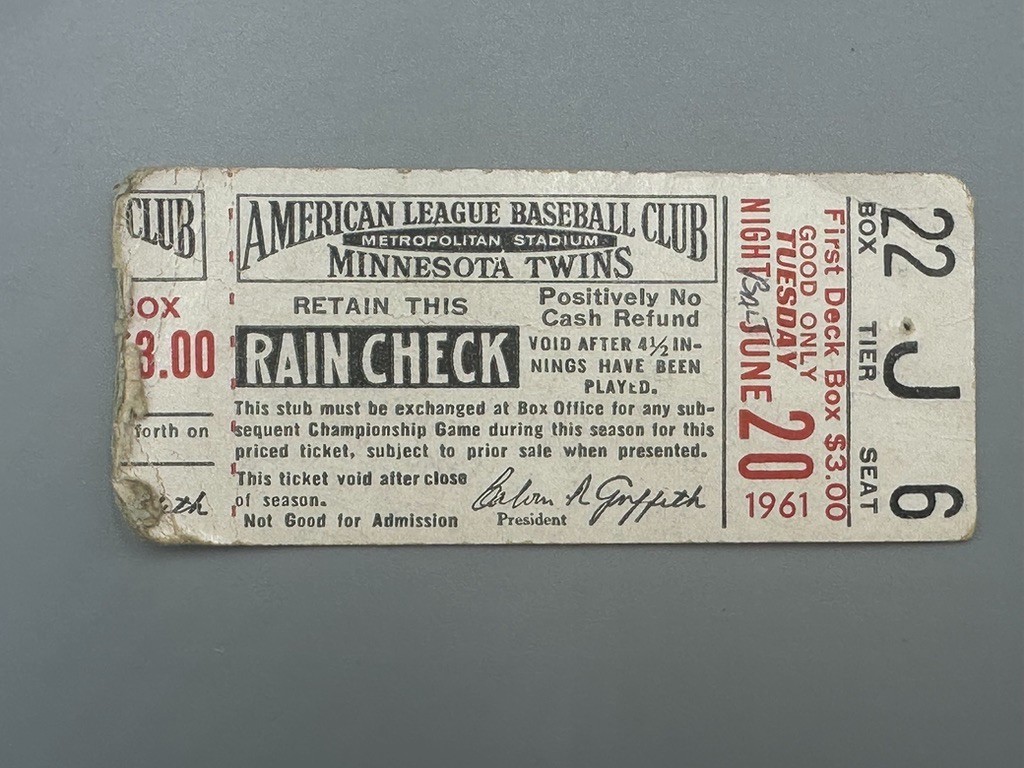 Vintage MINNESOTA TWINS June 1961 Orioles Baseball Ticket 1ST PINCH HIT HOME RUN