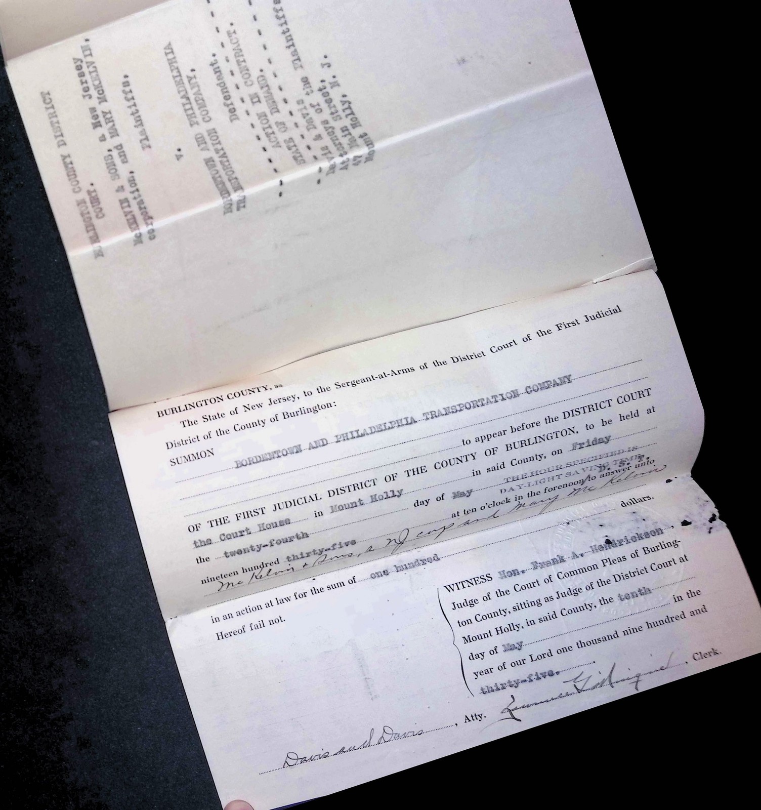 1935 NJ Summons McKelvin & Sons Lumberton Transport Co Legal Document Burlington