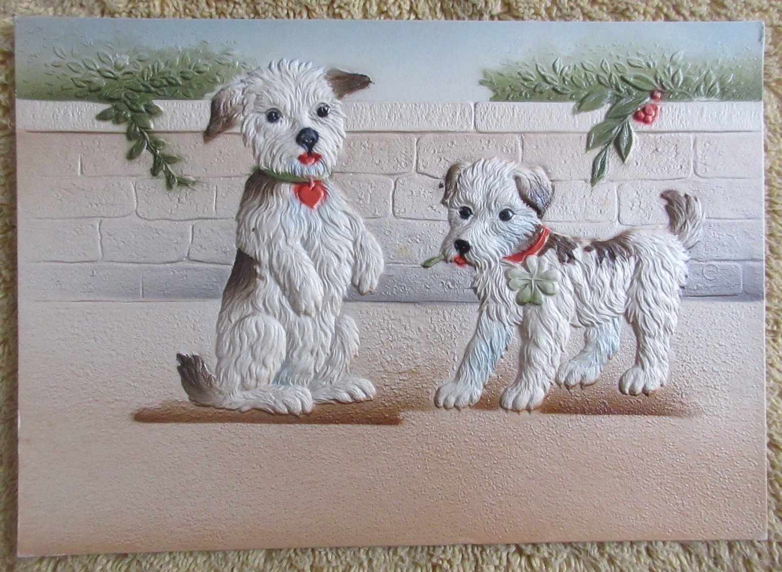 2 VINTAGE GERMAN EMBOSSED DIE CUT CALENDAR TOPS – DOG AND CATS