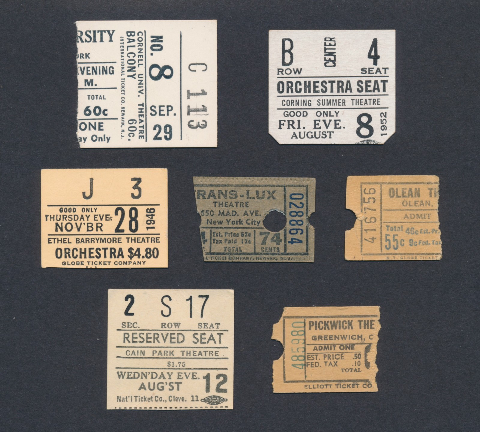 Lot of 7 Vintage 1940s-1950s New York and Other Theatre Ticket Stubs READ