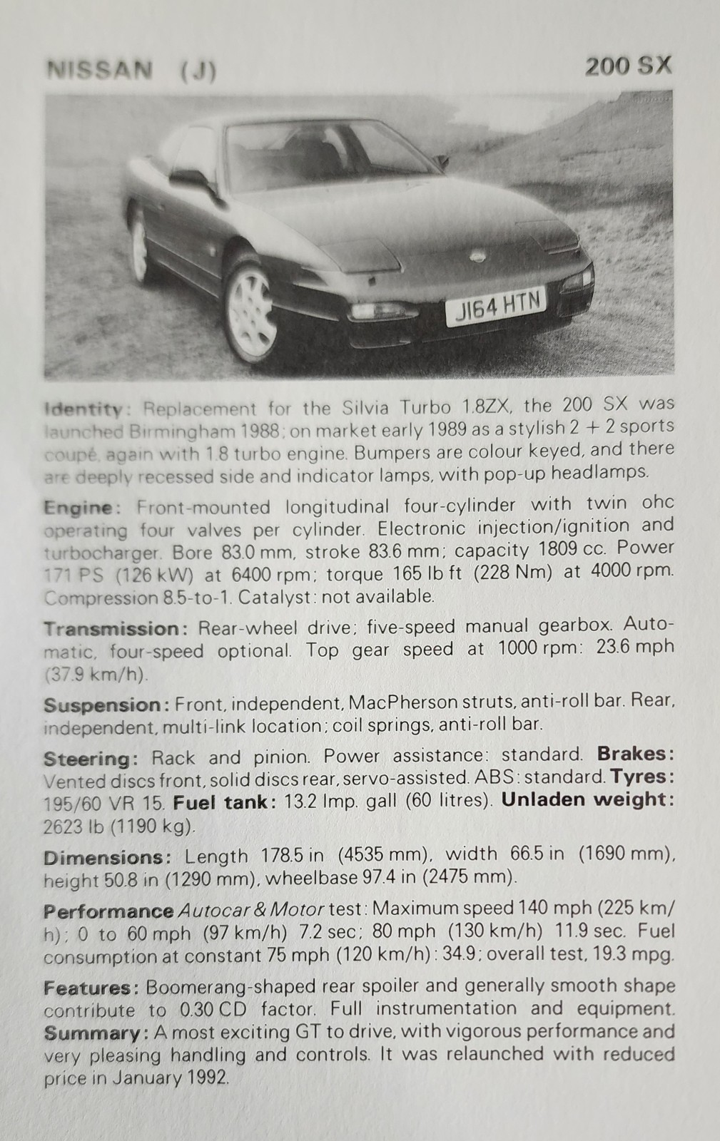 Nissan 200 Car Picture Original Vintage Info Detail Sheet