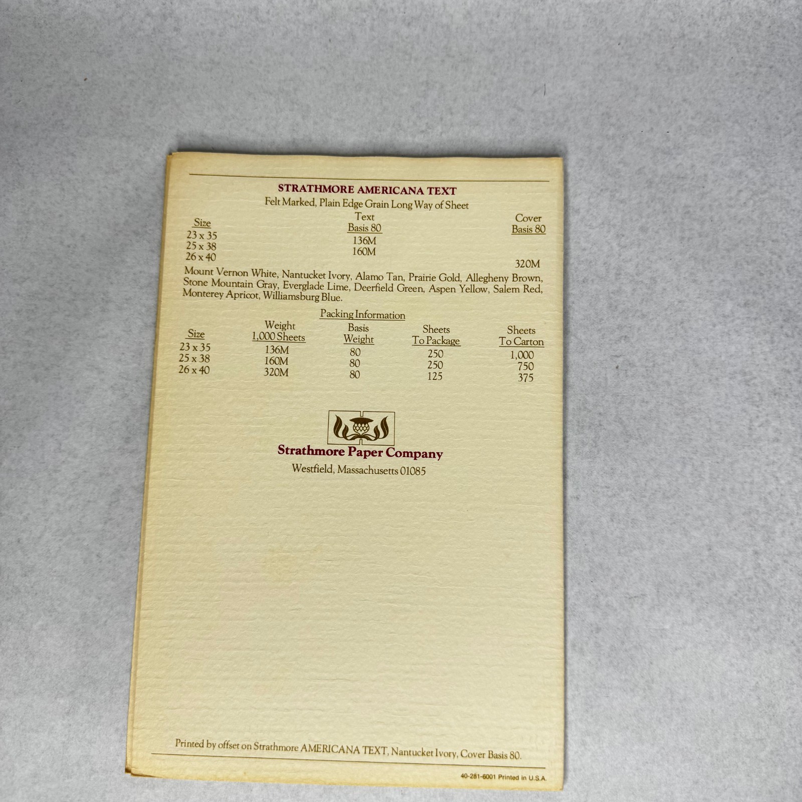 c.1974 Strathmore Americana Paper Swatch Book Felt-Marked Color Samples