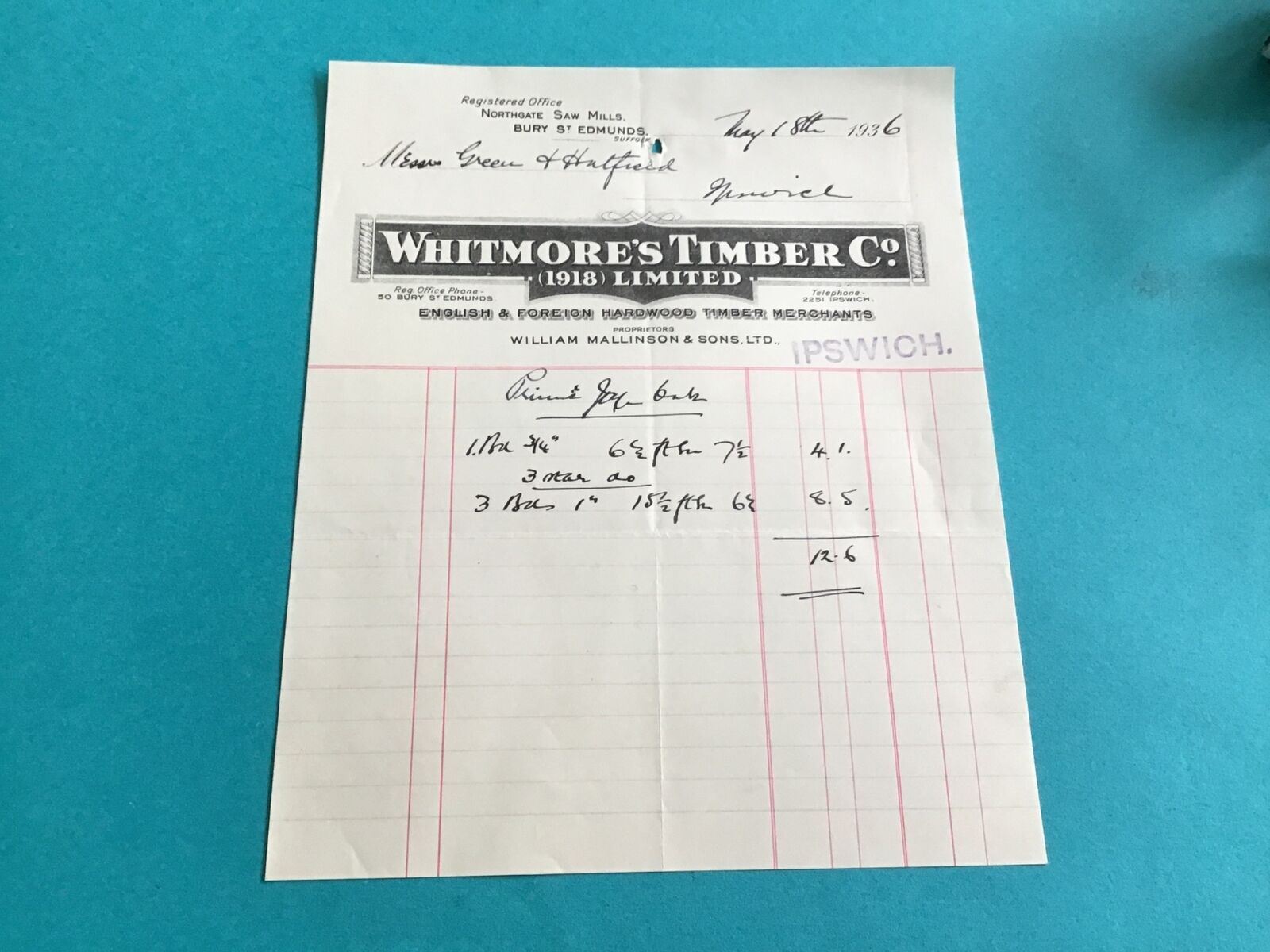 Whitmore’s Timber Co Ltd 1936 Ipswich receipt R34805