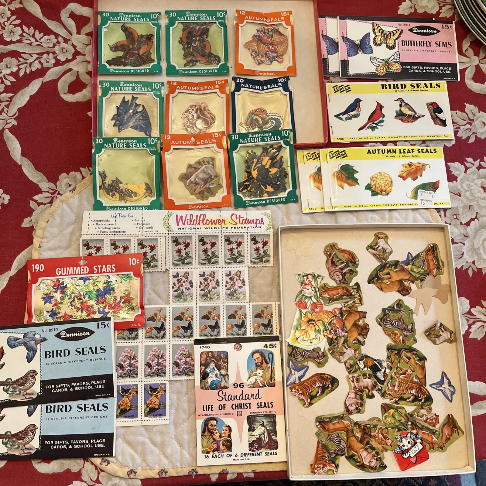 Vintage Gummed Seals Eureka Dennison Seasonal Butterflies Birds Stars Lot