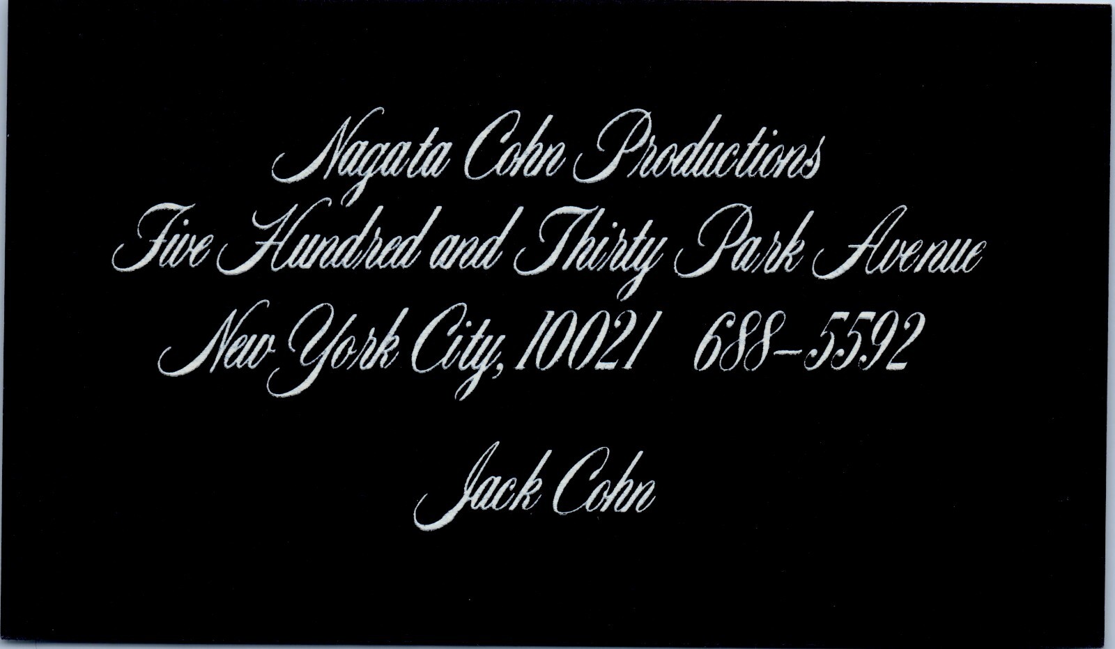 Jack Cohn, Nagata Cohn Productions business card New York City VW