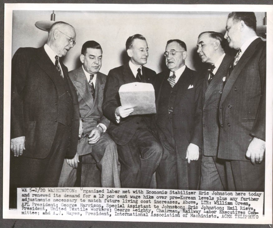 Labor leaders meet Economic Stabilizer Eric Johnston AFL Meeting 8×10 1951