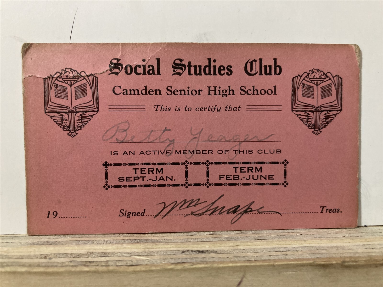1928 1929 Camden High School Social Studies Club Card NJ History Vtg