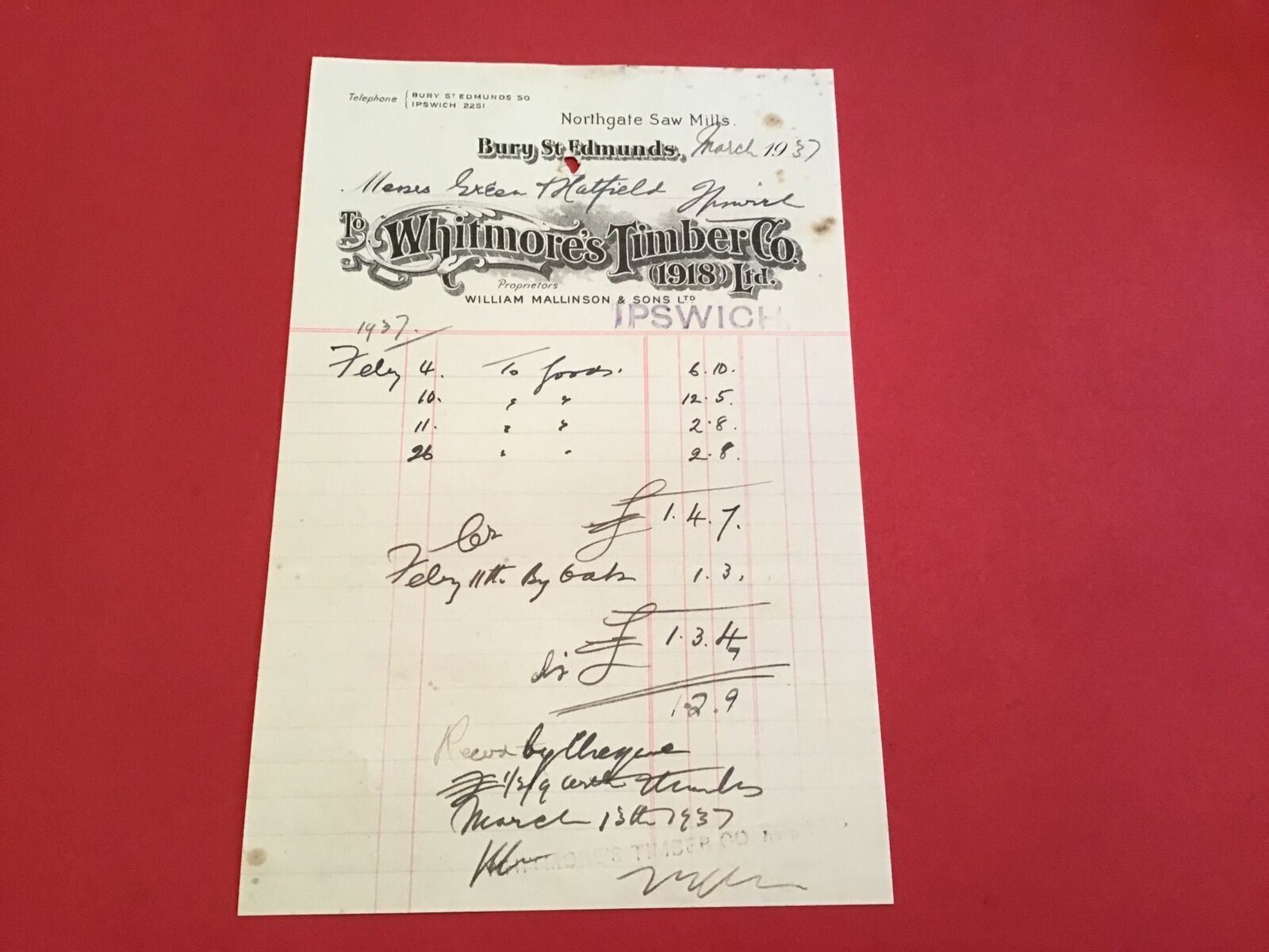 Whitmore’s Timber Co Ltd 1937 Ipswich receipt R34388