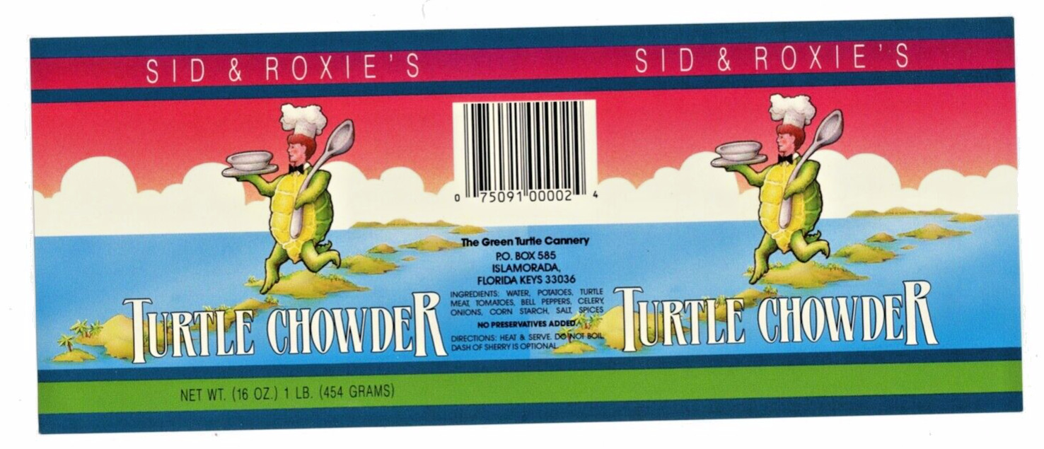 SID & ROXIES ISLAMORADA GREEN TURTLE CANNERY TURTLE CHOWDER CAN LABEL FLRDA KEYS