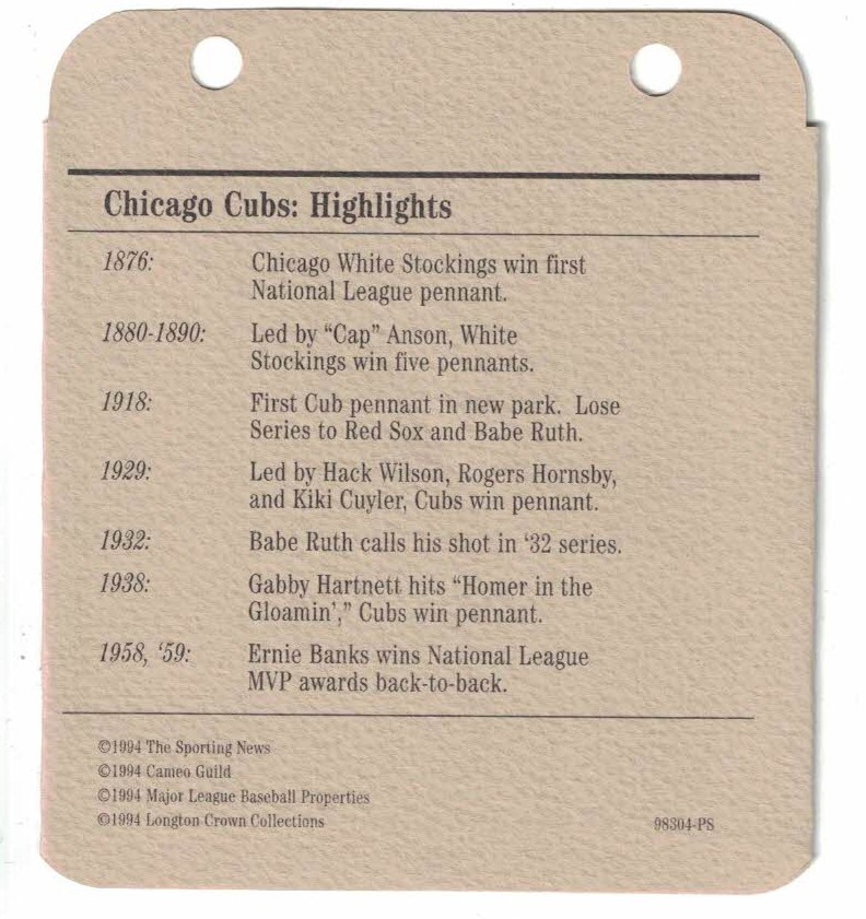 CHICAGO CUBS 1994 COOPERSTOWN COLLECTION ”THE GOLDEN AGE OF BASEBALL” FOLDOUT