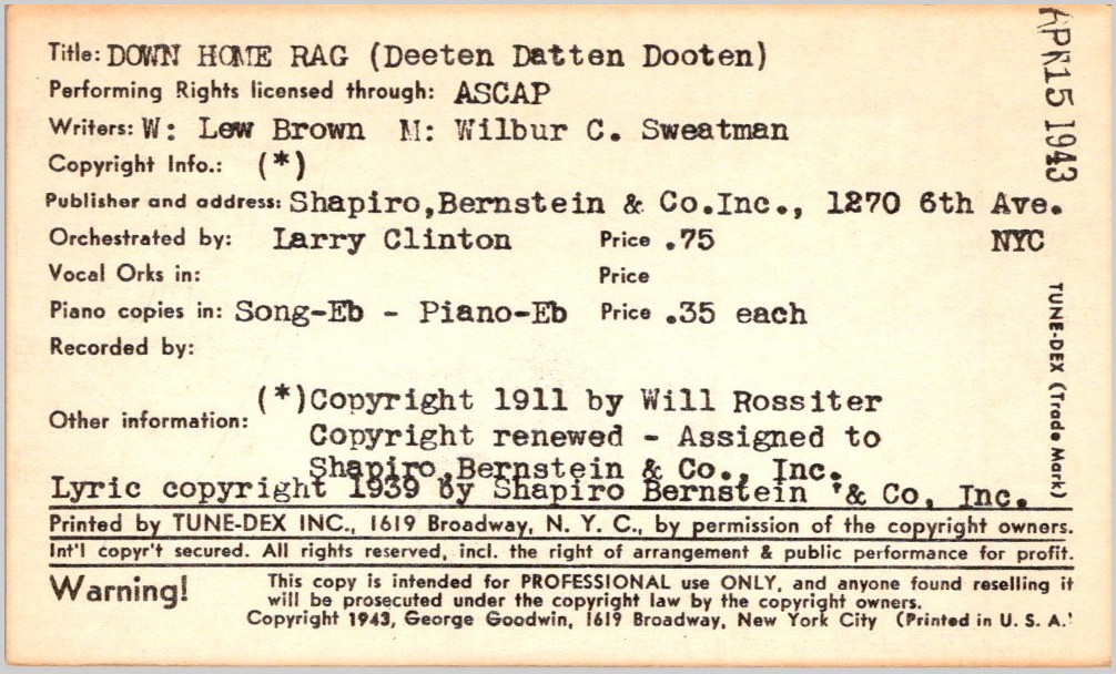 Tune-Dex Card Down Home Rag Sweatman Brown Clinton 1943 NYC Deeten Datten Dooten