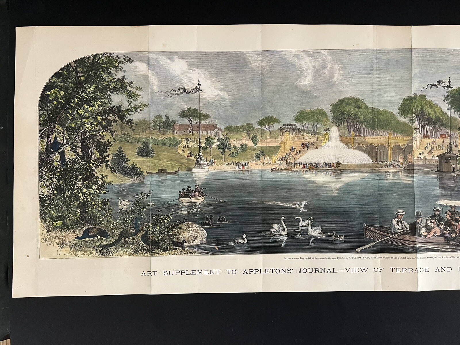 HAND COLORED PRINT CENTRAL PARK,NEW YORK CITY, 1869 APPLETONS’ JOURNAL. 30”x 11”