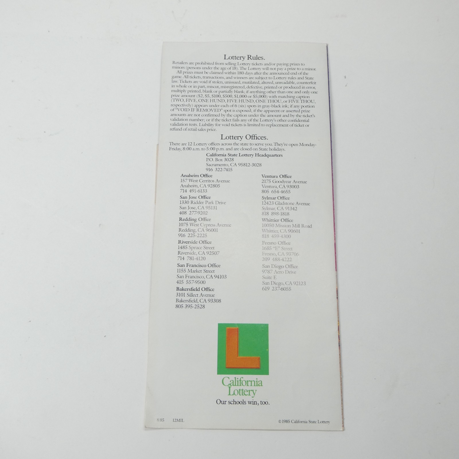 California Lottery 1985 Scratch Off Tickets & Brochure Vintage
