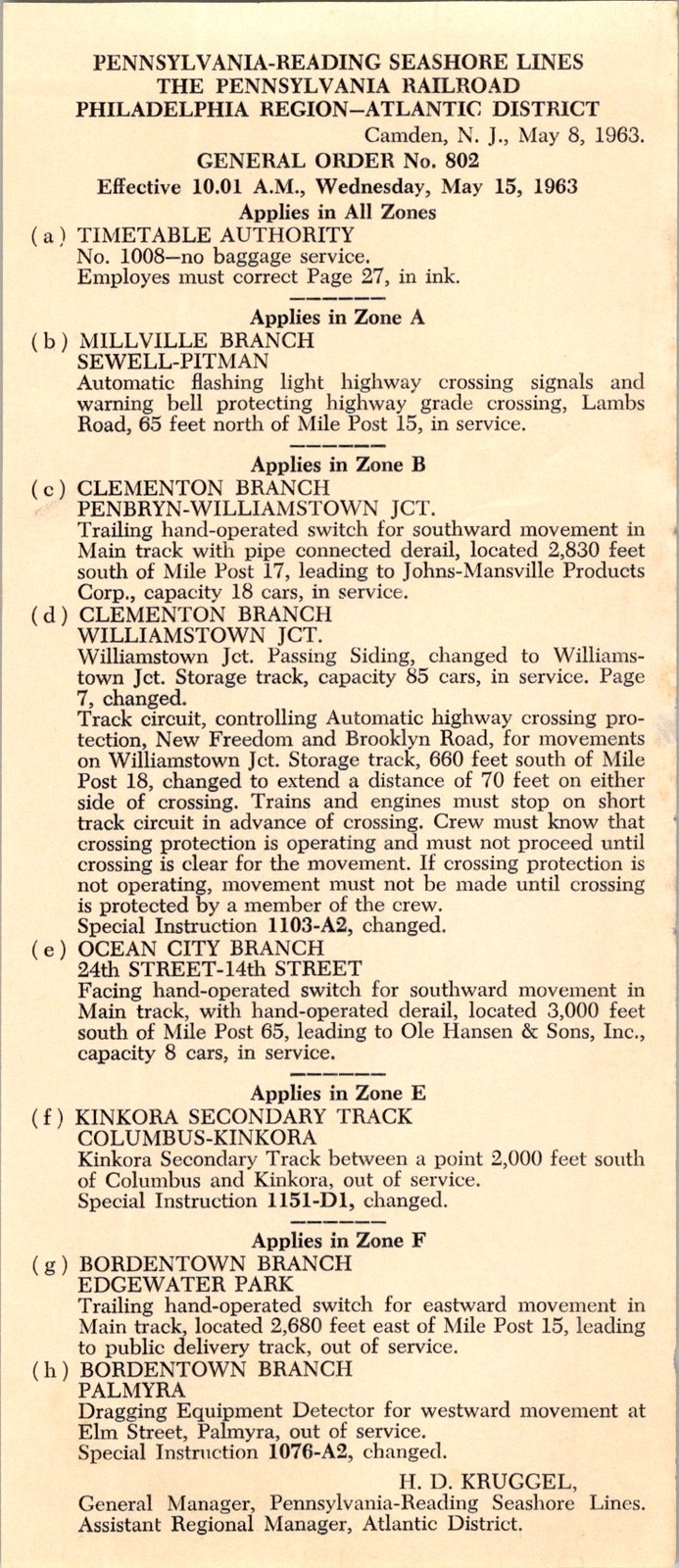Pennsylvania-Reading Seashore Lines General Order No. 802 1963 Railroad