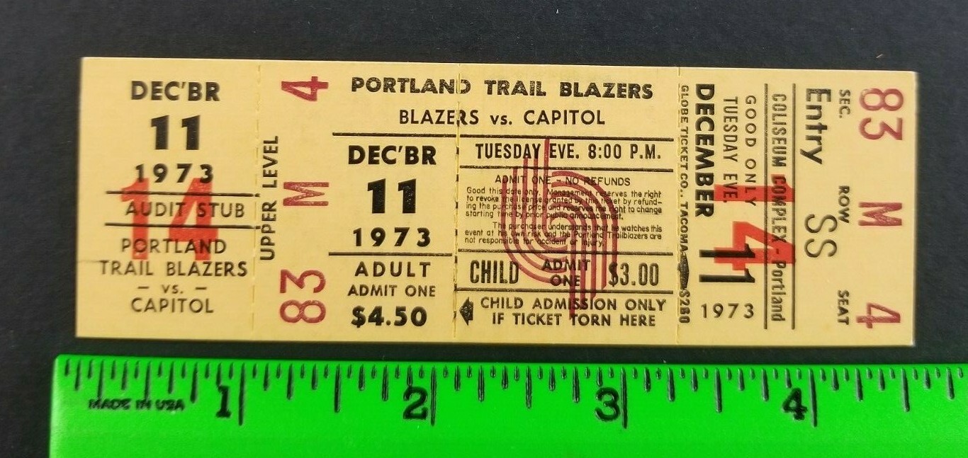 Vintage 1973 Portland Trail Blazers NBA Basketball Full Ticket 12/11/73