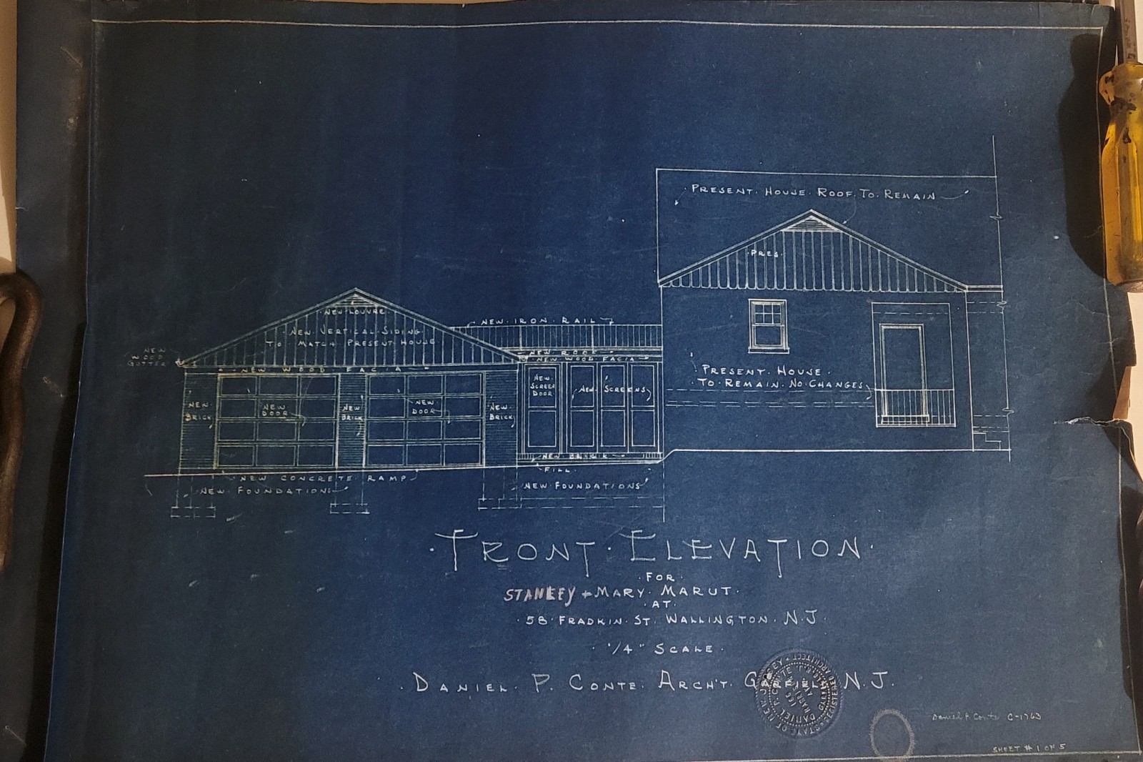 1960s ARCHITECTURAL BLUEPRINTS by Daniel P. Conte, New Jersey Complete Set Of 5