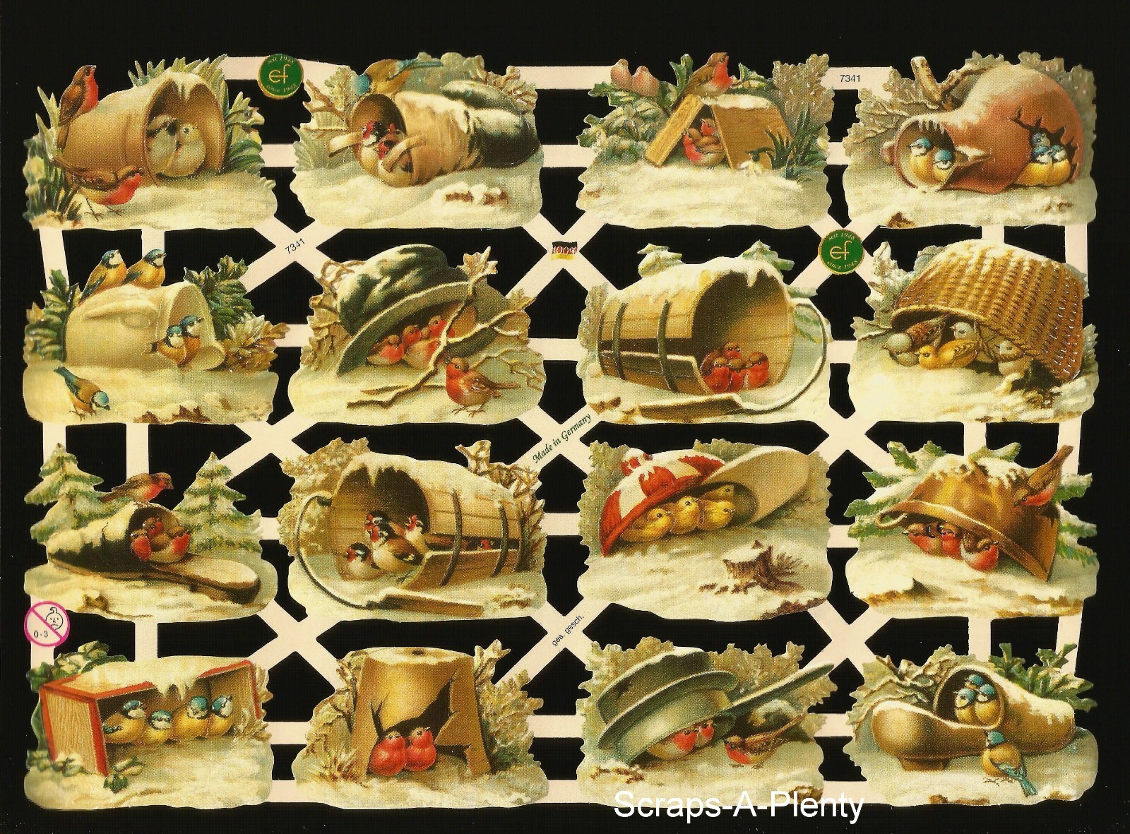 German Embossed Vintage Style Scrap Die Cut – Birds In Snow Houses EF7341