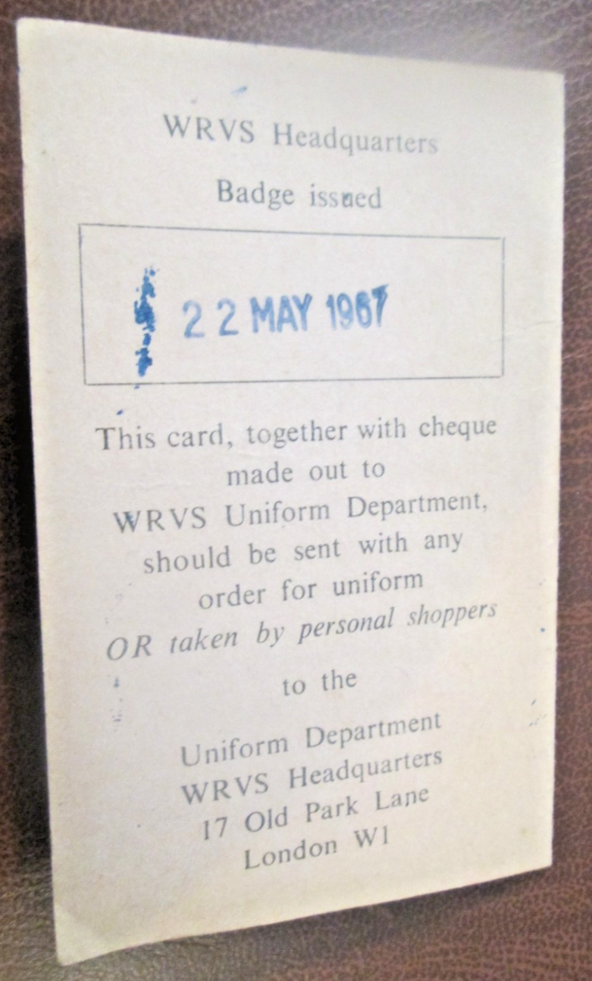 Vintage Membership Card Women’s Royal Voluntary Service, dated 1967 R.M.SPARKS