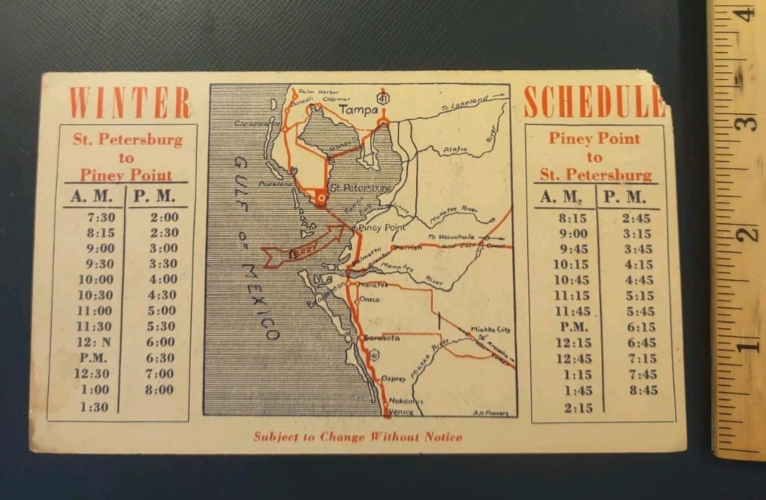 1947 St Petersburg Port Bee Line Ferry Winter Schedule Advertising Card