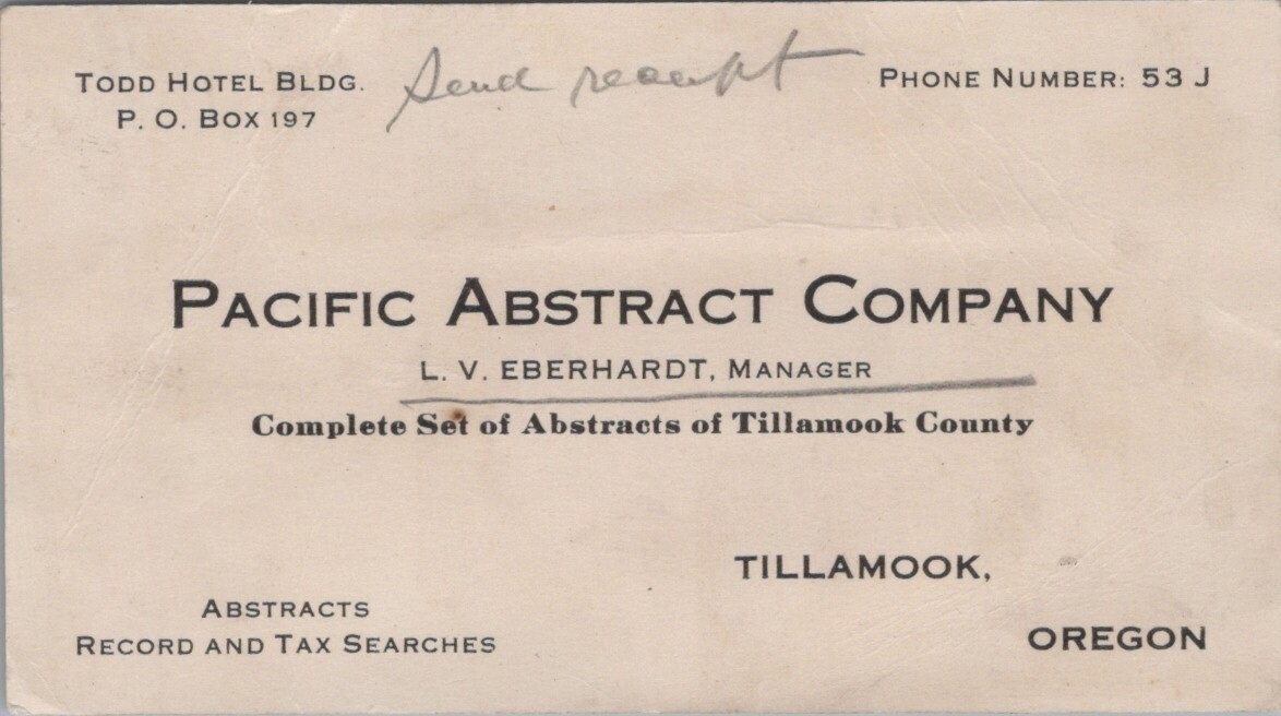 Pacific Abstract L V Eberhardt Manager Tillamook Oregon c1910s Business Card LPB