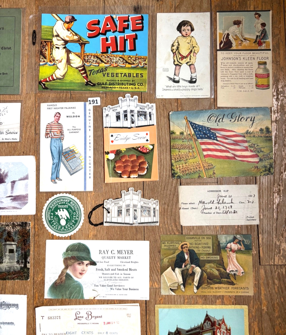 Big Vintage Paper Lot w/ Bridge Tally Cards, Postcards, Labels, Advertising +