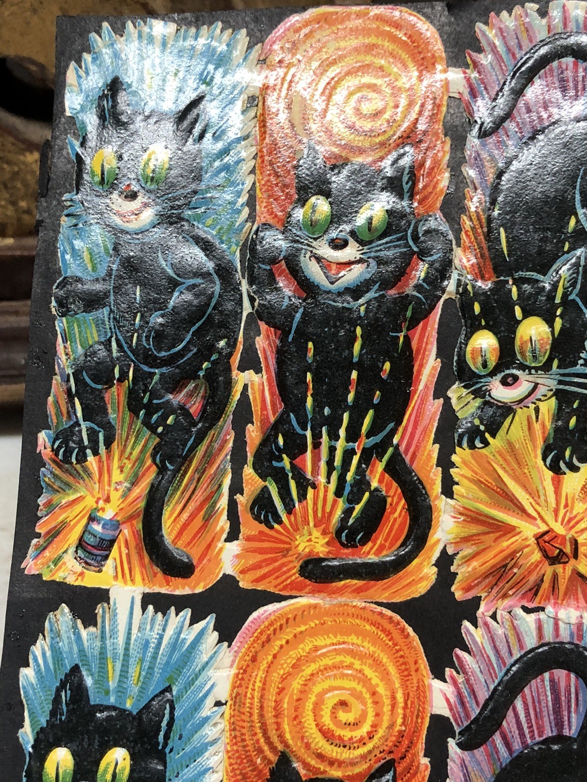 Black Cats & Masks w/ Faces Die Cut Scraps Glued on Paper Double Sided L17