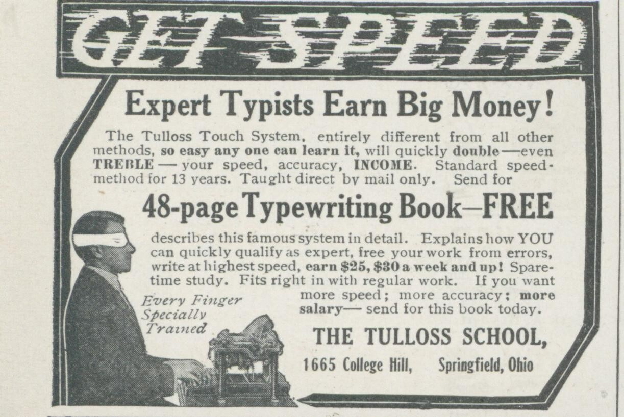 1914 Tulloss School Typewriting Book Offer Get Speed Earn Money Vtg Print Ad CO3