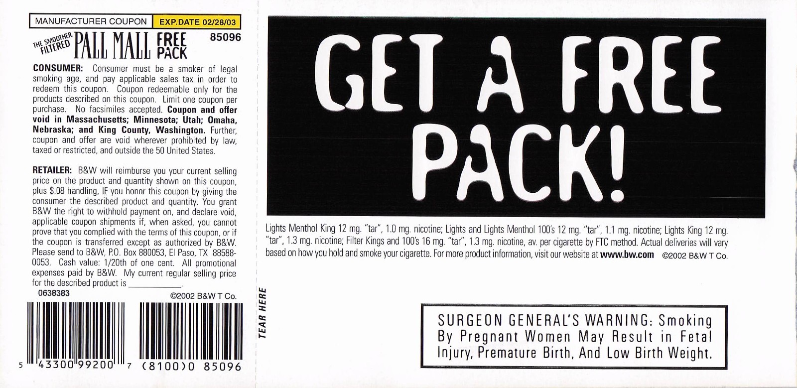 2002 Pall Mall Free Pack Cigarette Coupon Insert Vintage Tobacco Ad Magazine