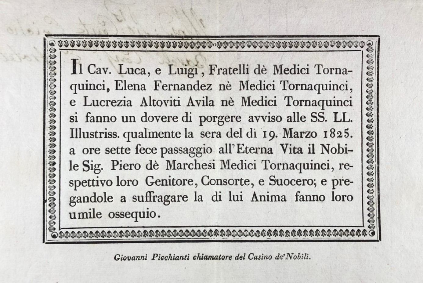 Rare Luttino – Funeral Announcement Florence Medici Tornaquinci 1825
