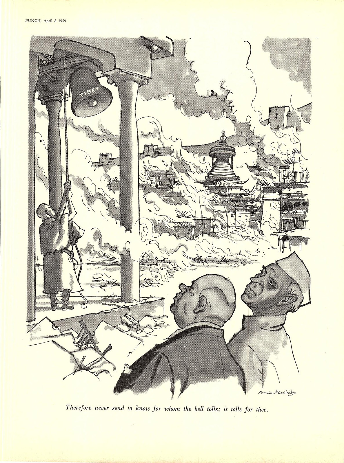 1960 Punch Cartoon Print Nehru & Khrushchev “TIBET: For Whom the Bell Tolls”
