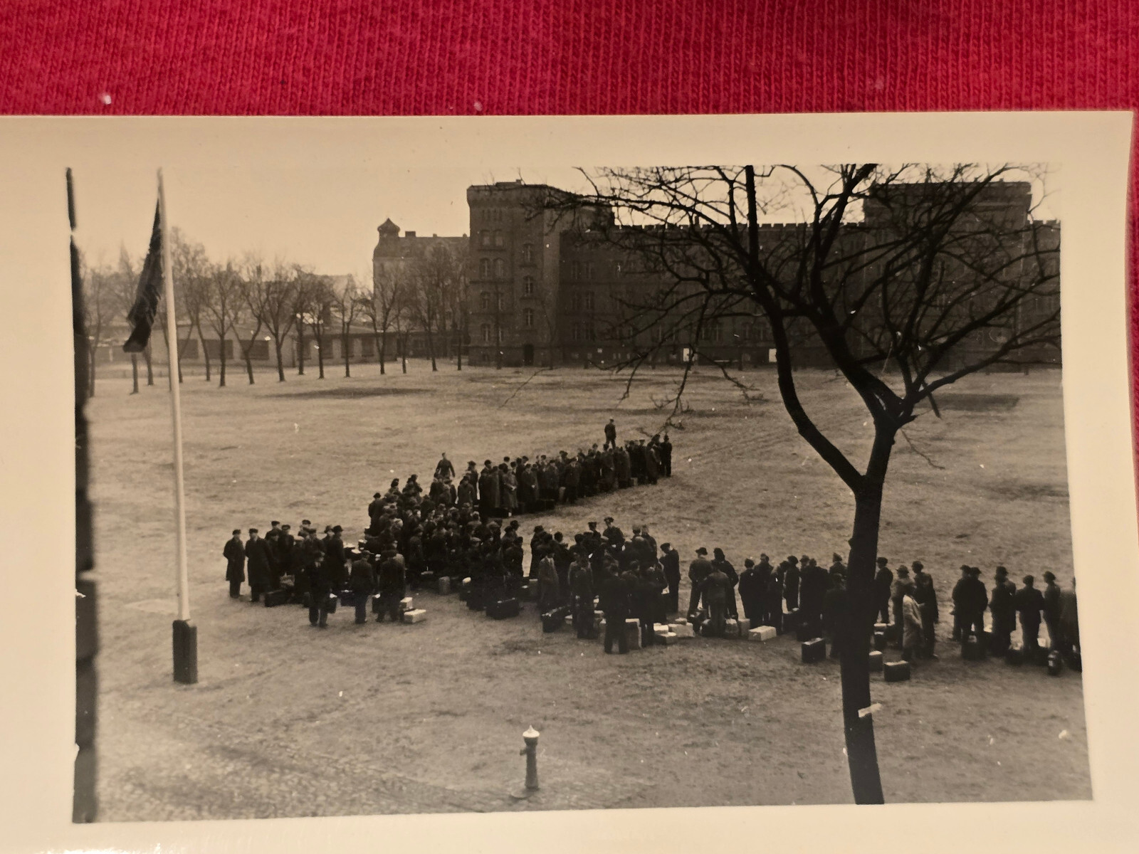 SOLDIERS CIVILIANS w BAGS PACKED LINED UP WWII WW2 German photo