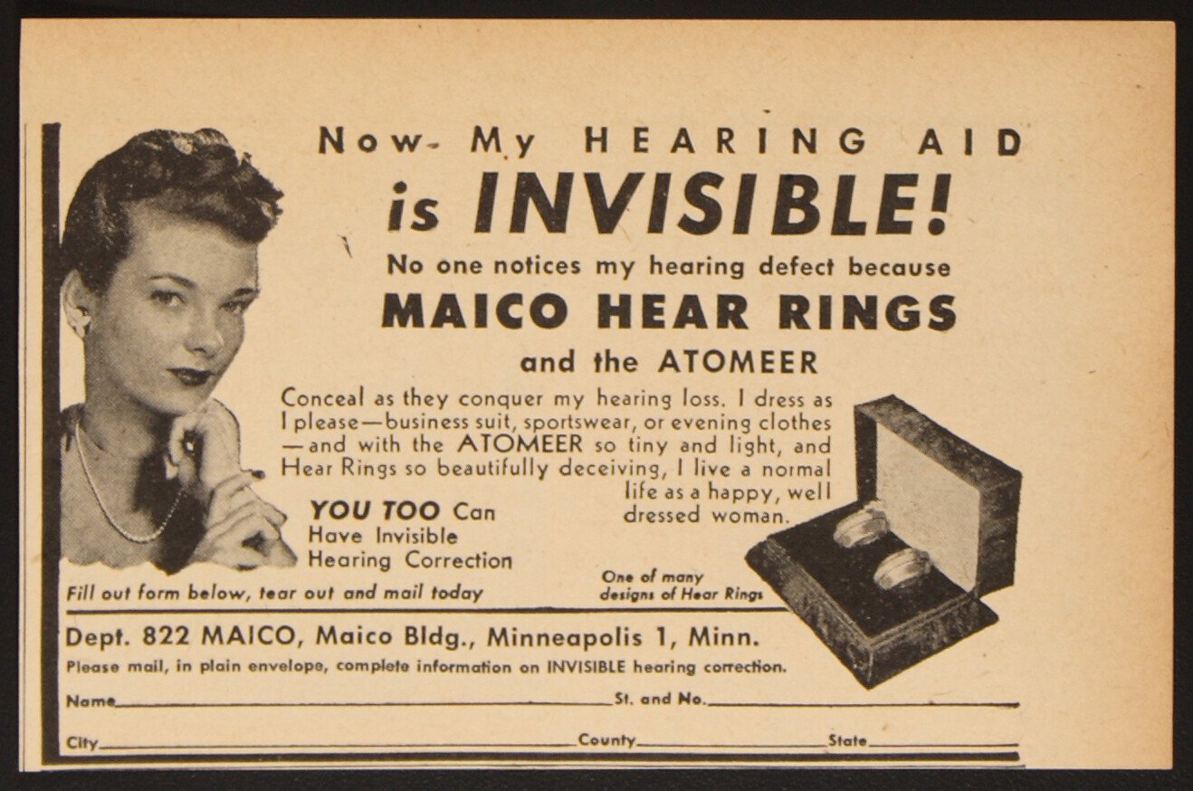 Maico Invisible Hear Rings Atomeer Hearing Aid Vintage Print Ad 1947