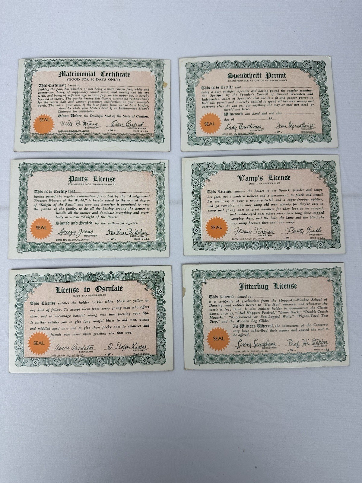 Vintage 1940s Novelty Certificates Lot Matrimonial Pants License Vamp Etc.