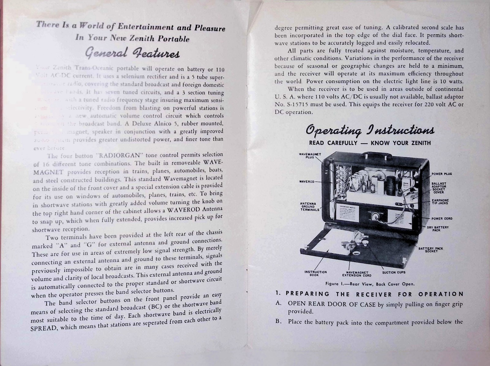 Zenith Trans-Oceanic G500 5G40 Operating Guide c1950 Shortwave Radio
