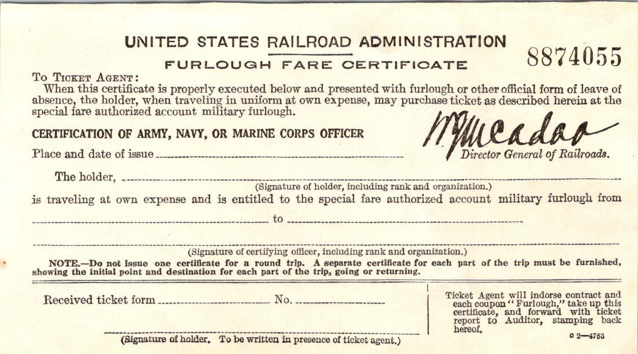 WWI US Railroad Admin Furlough Fare Certificate – Unused Blank Form 1917