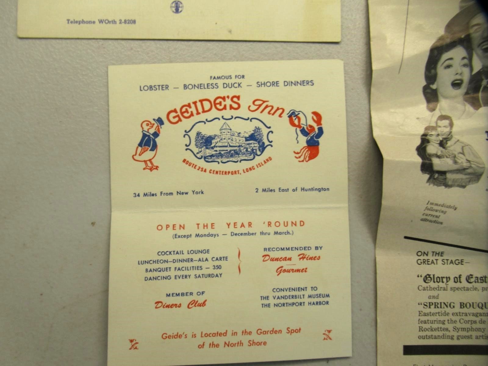 1954 NYC Souvenirs Programs Menus Plus Danny’s Hideaway Recorded Message ch420