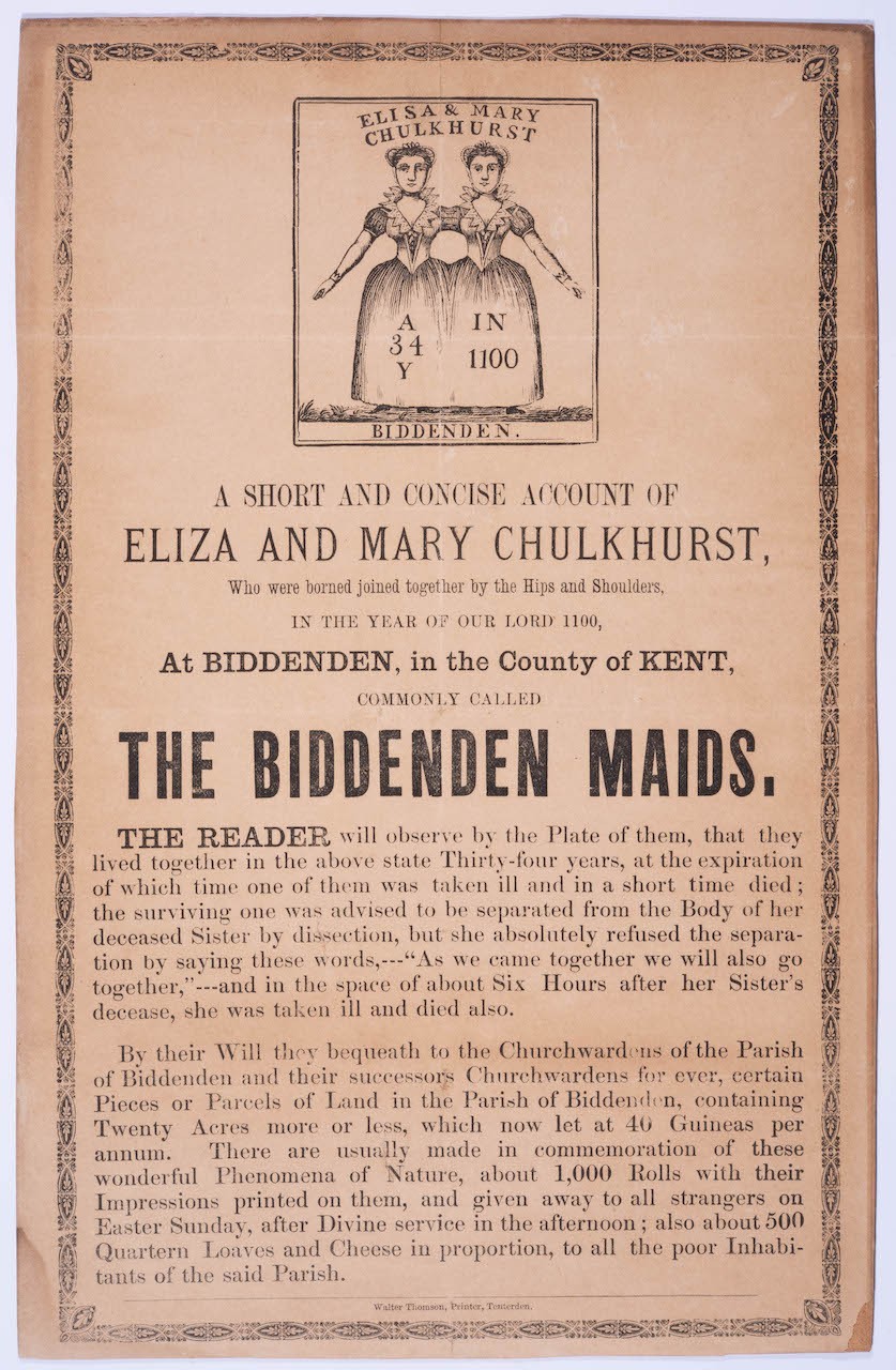 c. 1850 Handbill for Siamese Twins ‘The Biddenden Maids,’ English Folklore, Kent