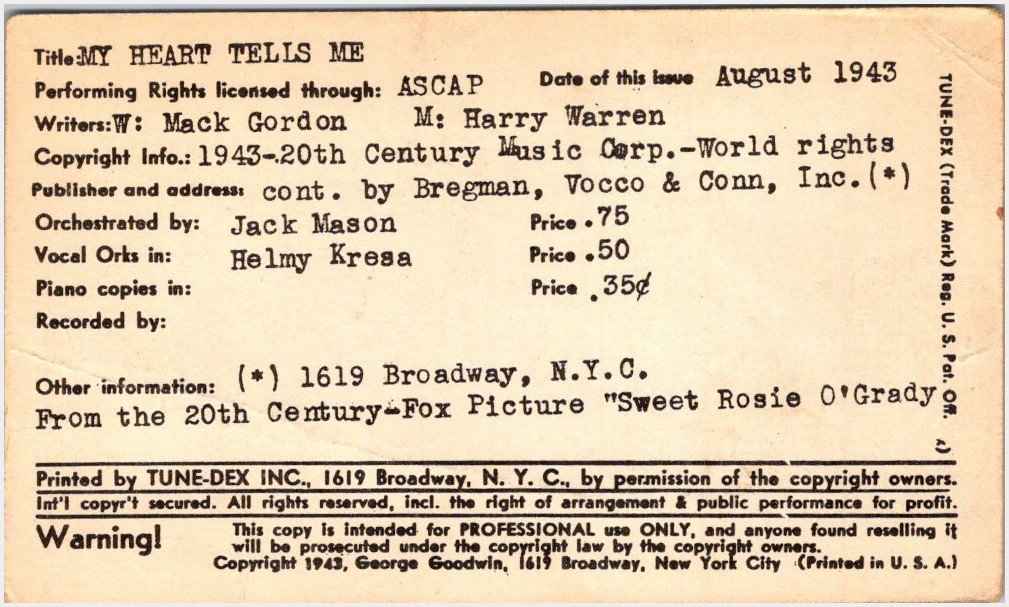 1943 Tune-Dex Card – My Heart Tells Me – Gordon & Warren, Lead Sheet, Pro