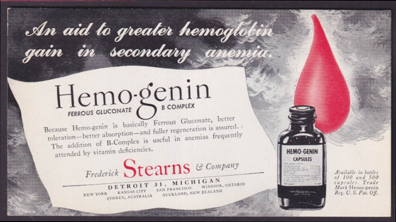 Frederick Stearns Hemo-genin for Anemia drug company blotter c 1940s Detroit