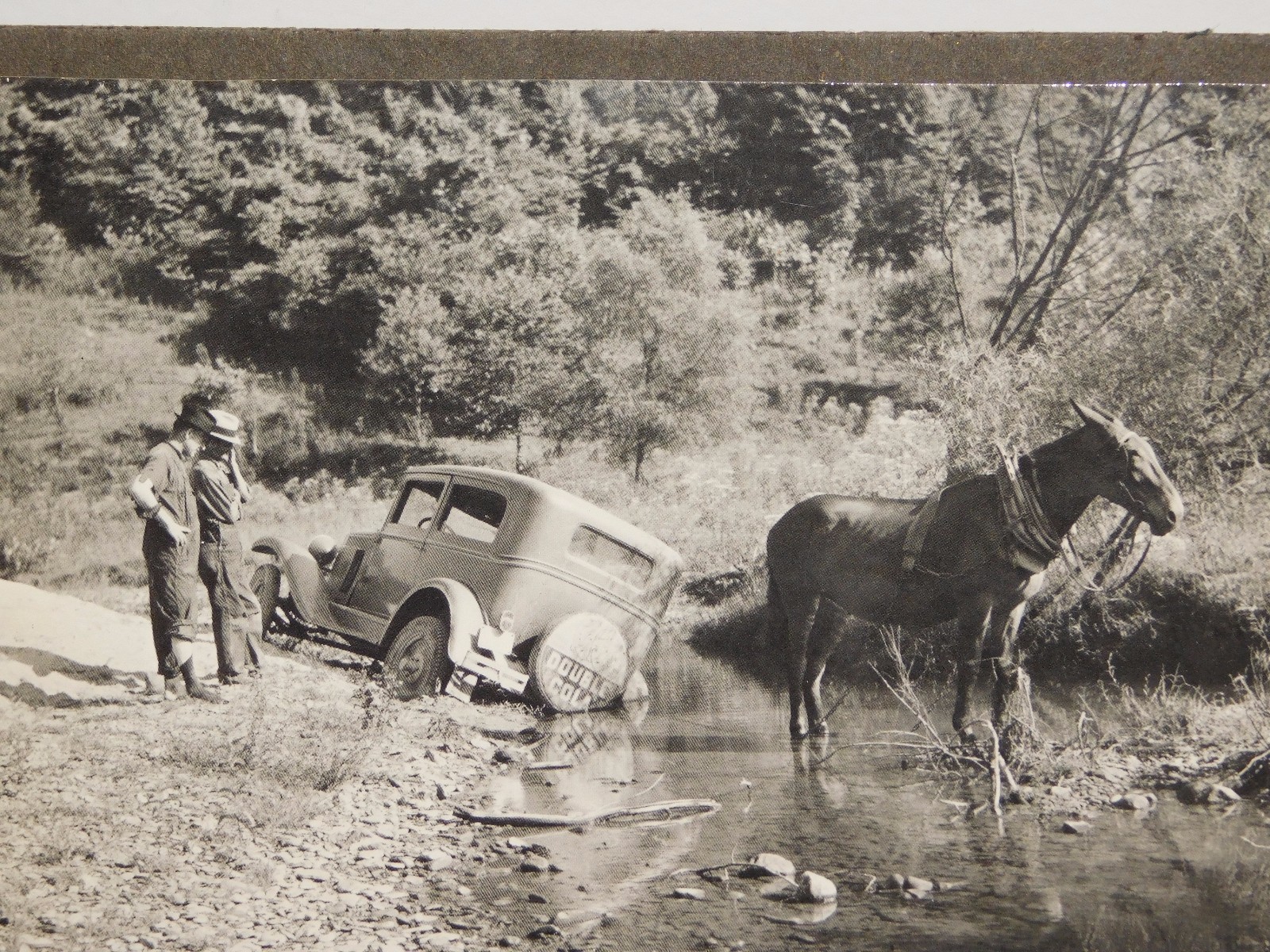 VINTAGE 6 1/2″ X 4 3/4″ OLD DOUBLE COLA TRUCK & HORSE IN RIVER STREAM PHOTO