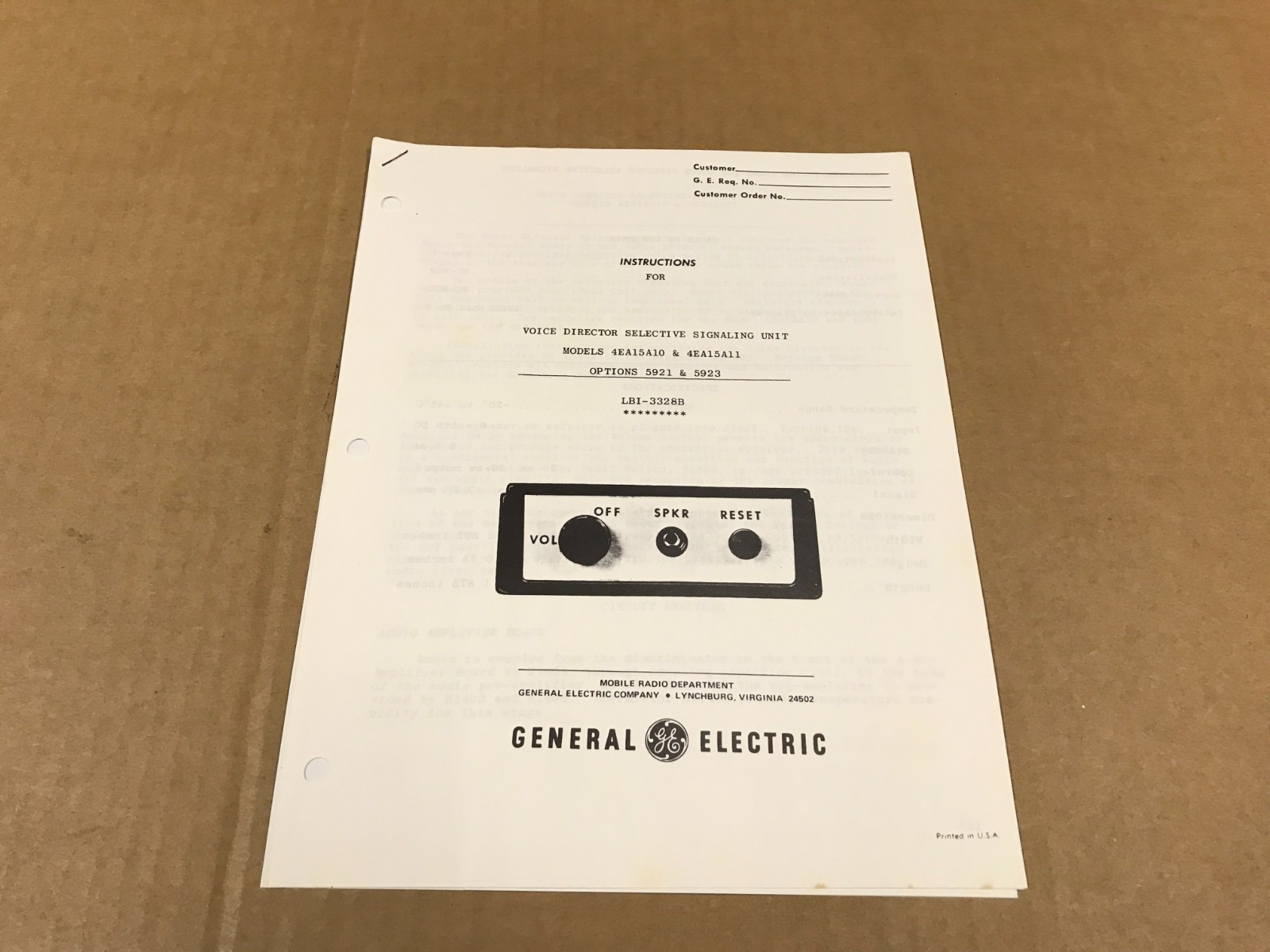 VTG GE Datafile Tone Selector EA-15-A For Personal Progress Line – Folder 5017