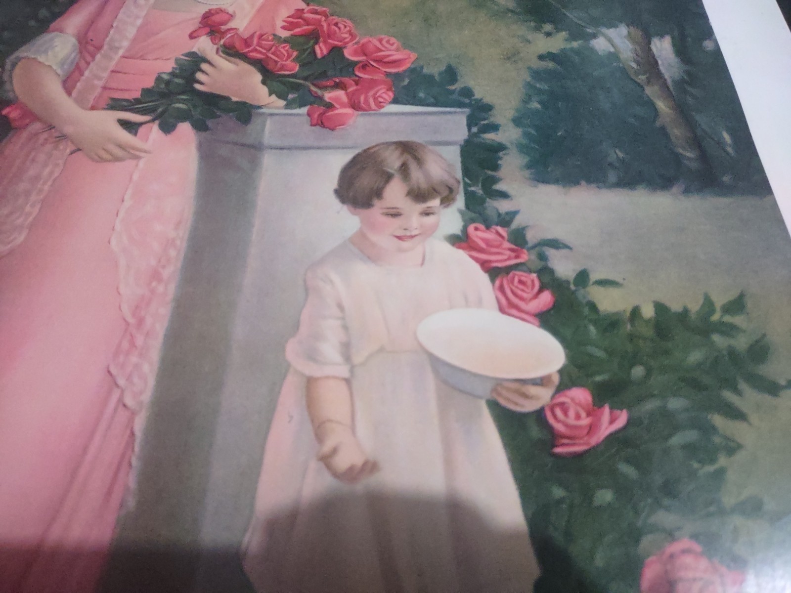 EARLY 1900’S VINTAGE CHROMOLITHOGRAPH PRINT YOUNG WOMAN & CHILD W/FLOWERS ROSES