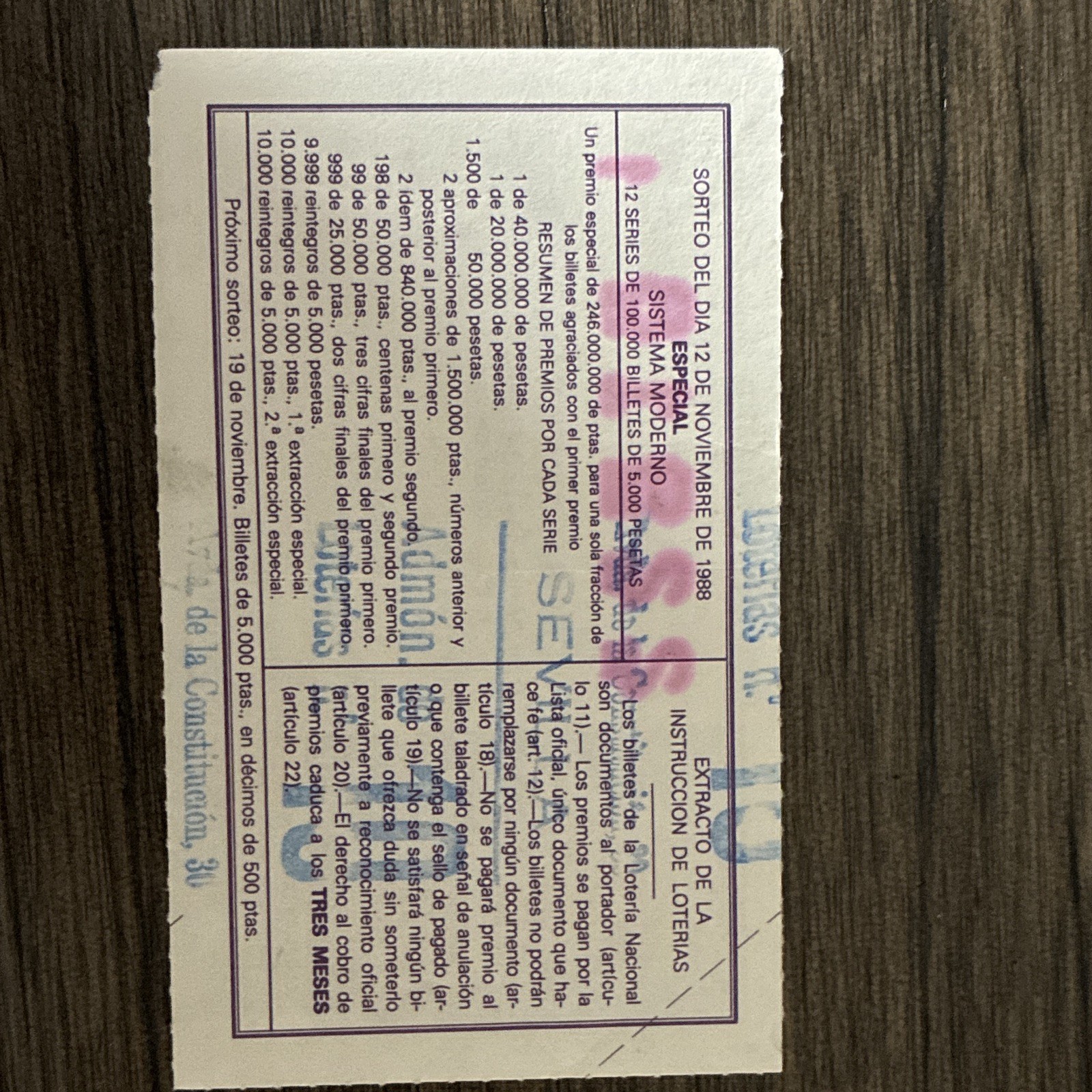 Spain Loteria Nacional Decimo Lottery Ticket 12 Nov 1988 8ª Fraccion 500 Pesetas