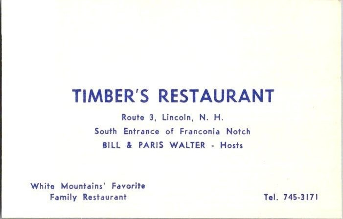 1960’S. TIMBER’S RESTAURANT. LINCOLN, NH. BUSINESS CARD. *