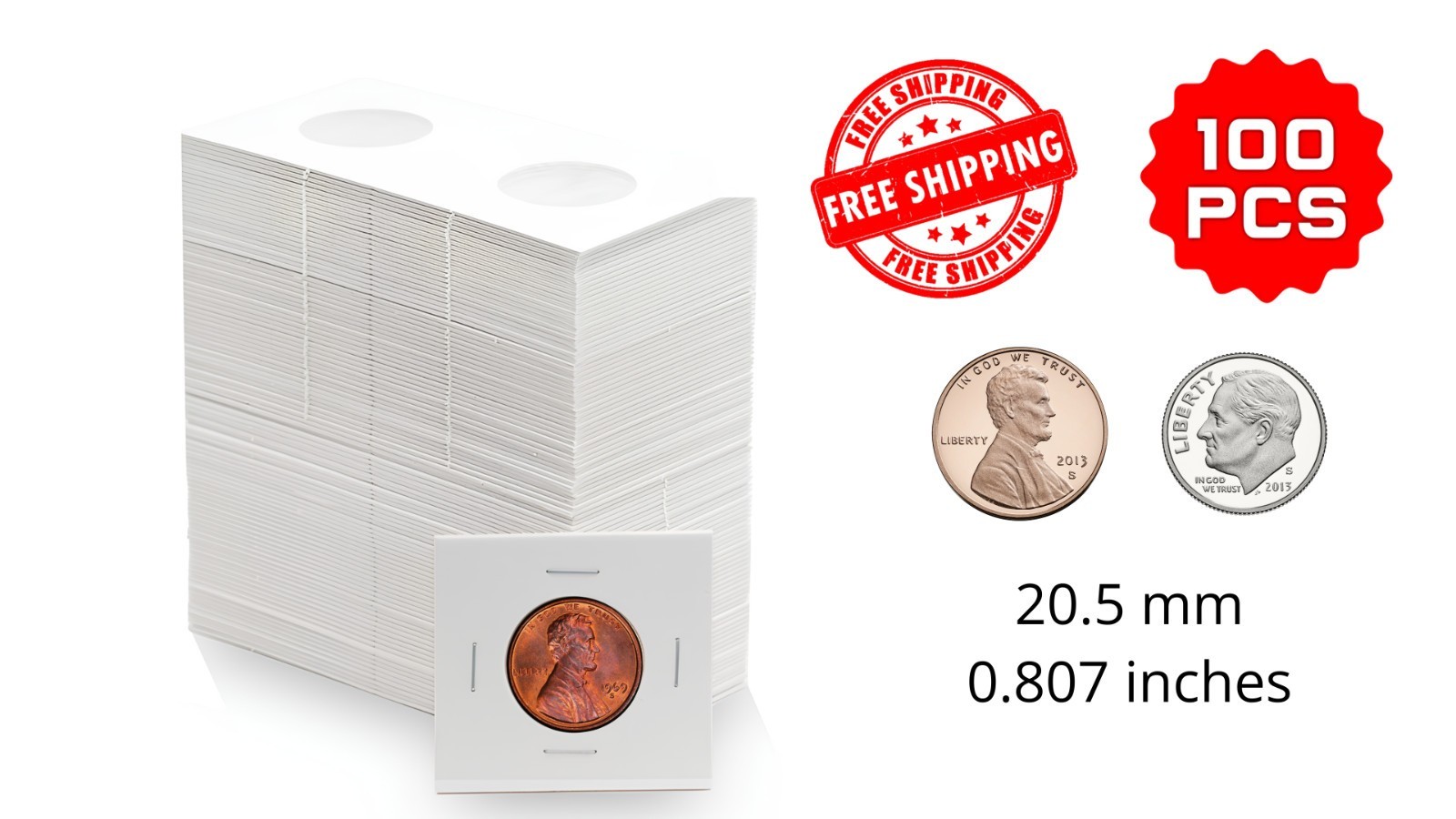 100PCS Cardboard Coin Holders 20.5mm 2″x2″ Storage Flips for Pennies & Dimes