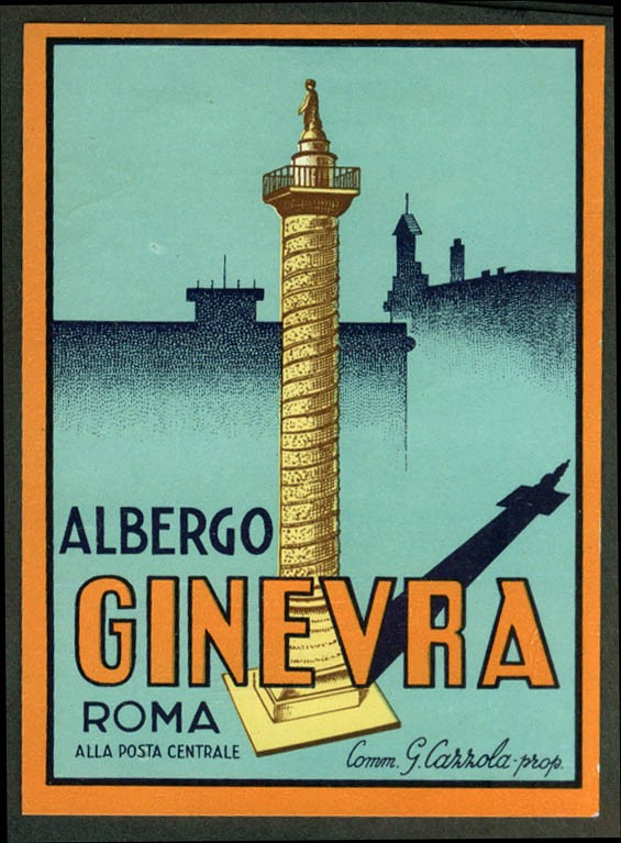 Albergo Ginevra Rome Italy hotel baggage sticker 3 1/2 x 4 3/4″ unused