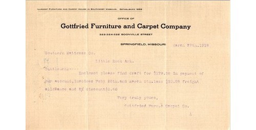 Gottfried Furniture & Carpet Co. 1918 Business Letter Southern Mattress Company