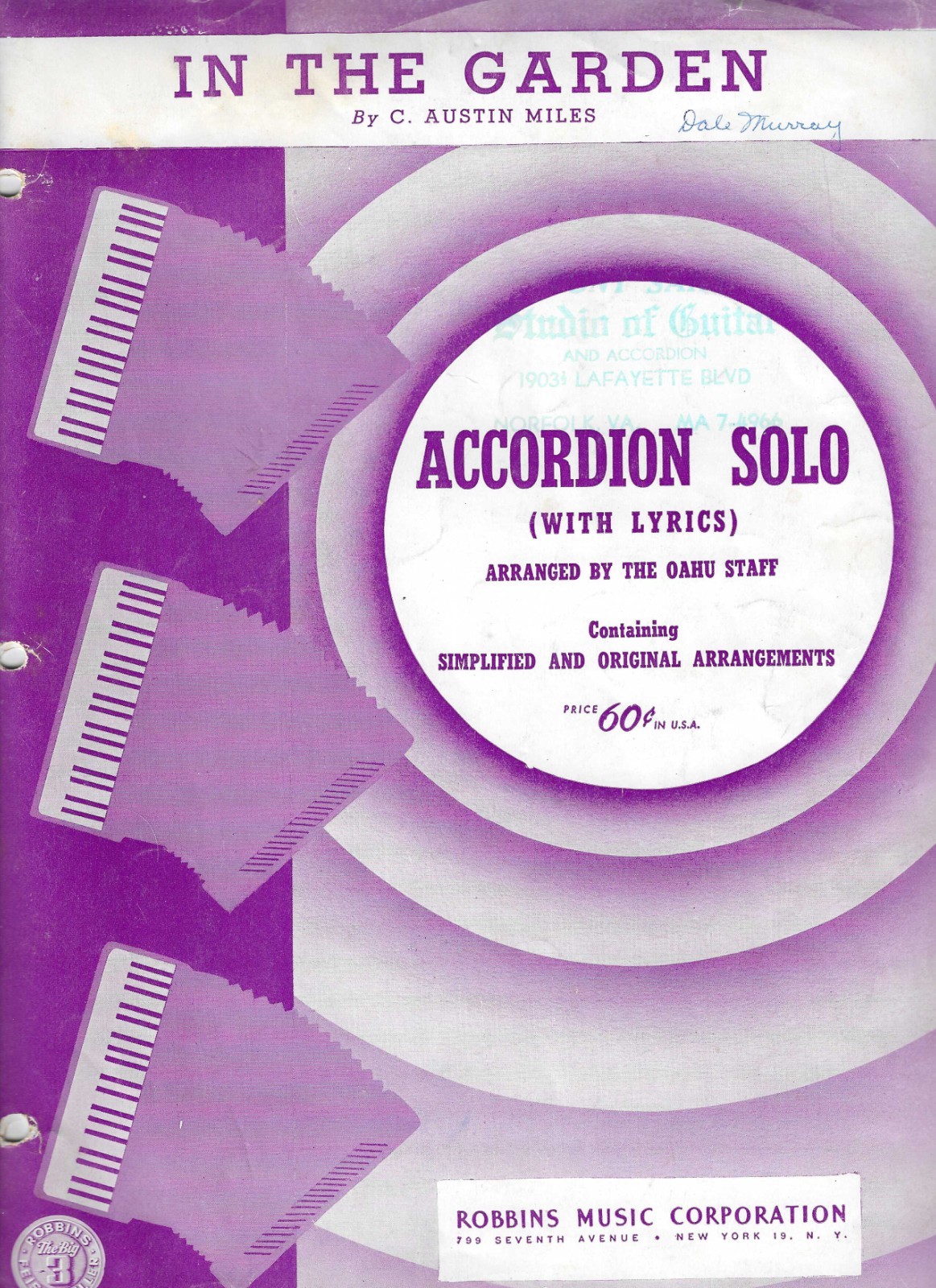 1951 IN THE GARDEN by C. Austin Miles ACCORDION SOLO Sheet Music