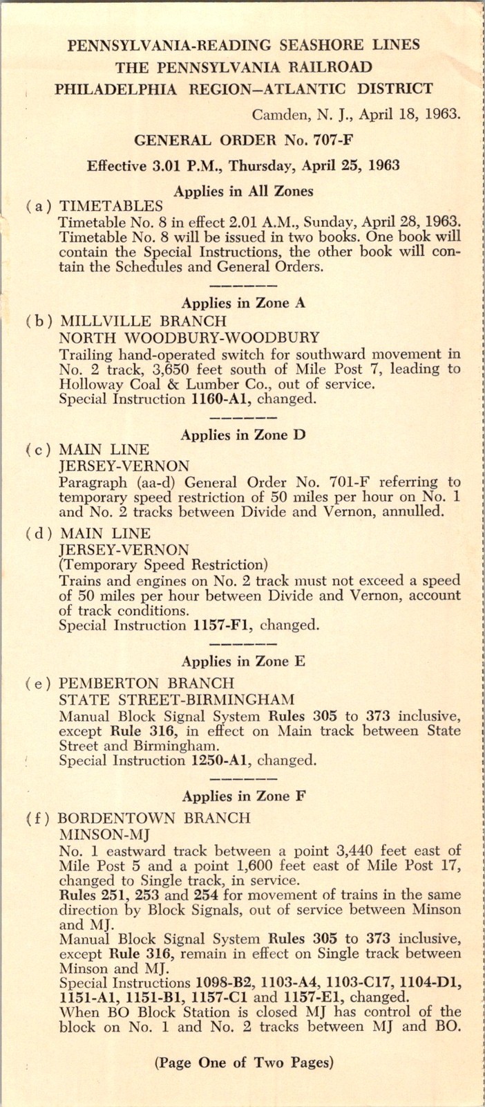 Pennsylvania-Reading Seashore Lines RR General Order No 707-F c1940s