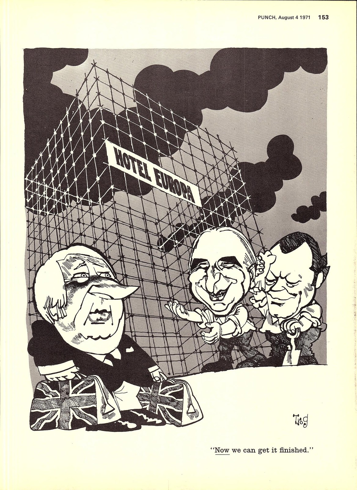 Original 1971 Punch TROG Cartoon Print: TED HEATH & The Reality of Hotel Europa’